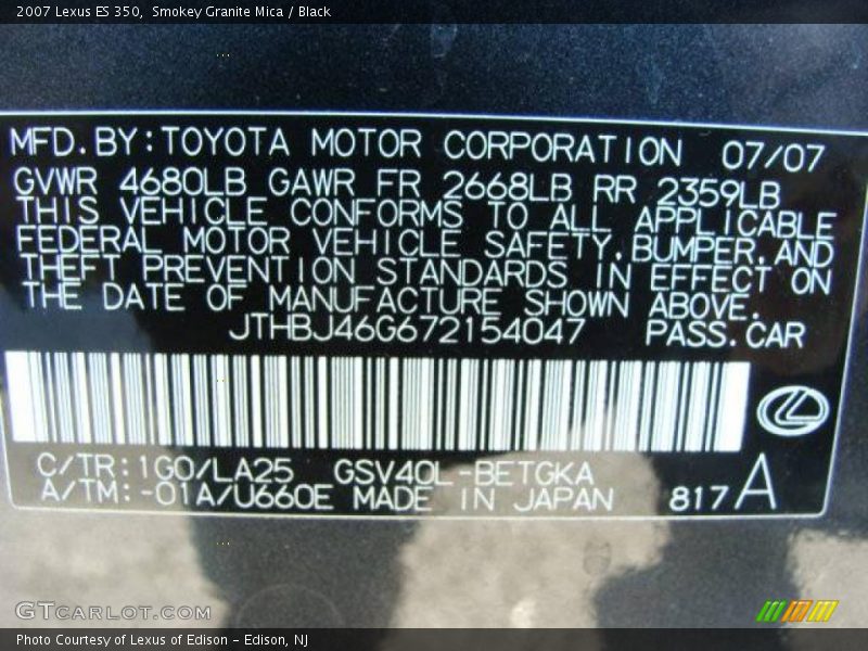 Smokey Granite Mica / Black 2007 Lexus ES 350