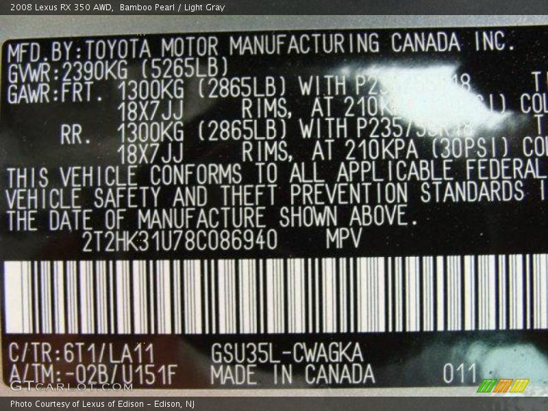 Bamboo Pearl / Light Gray 2008 Lexus RX 350 AWD