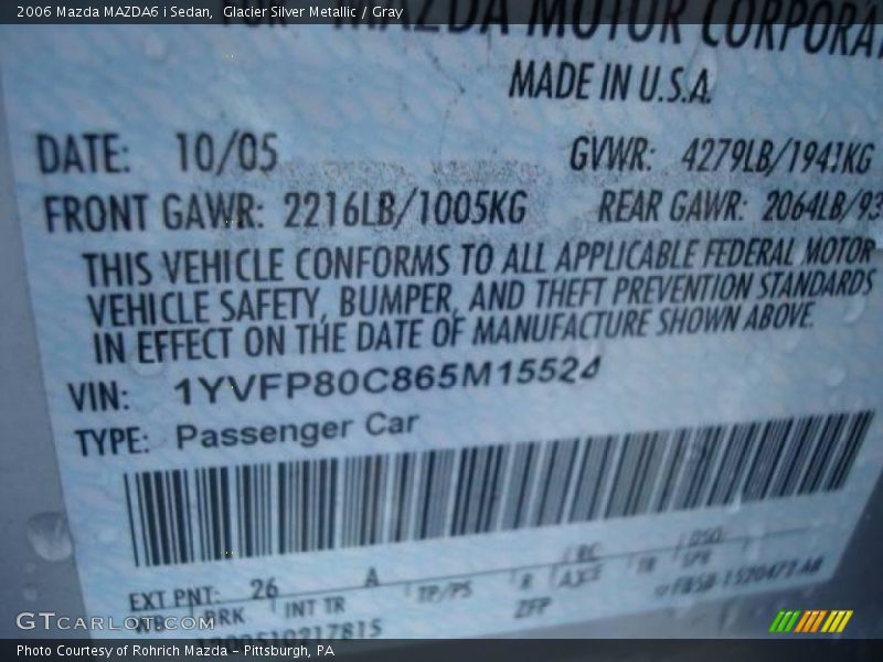 Glacier Silver Metallic / Gray 2006 Mazda MAZDA6 i Sedan