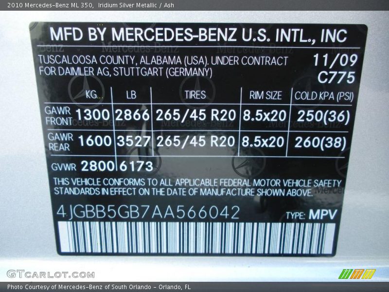 2010 ML 350 Iridium Silver Metallic Color Code 775