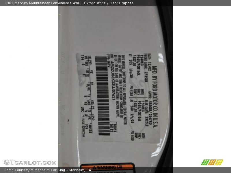 Oxford White / Dark Graphite 2003 Mercury Mountaineer Convenience AWD