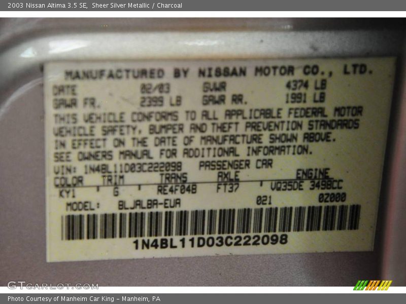 Sheer Silver Metallic / Charcoal 2003 Nissan Altima 3.5 SE