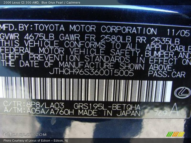 2006 GS 300 AWD Blue Onyx Pearl Color Code 8P8