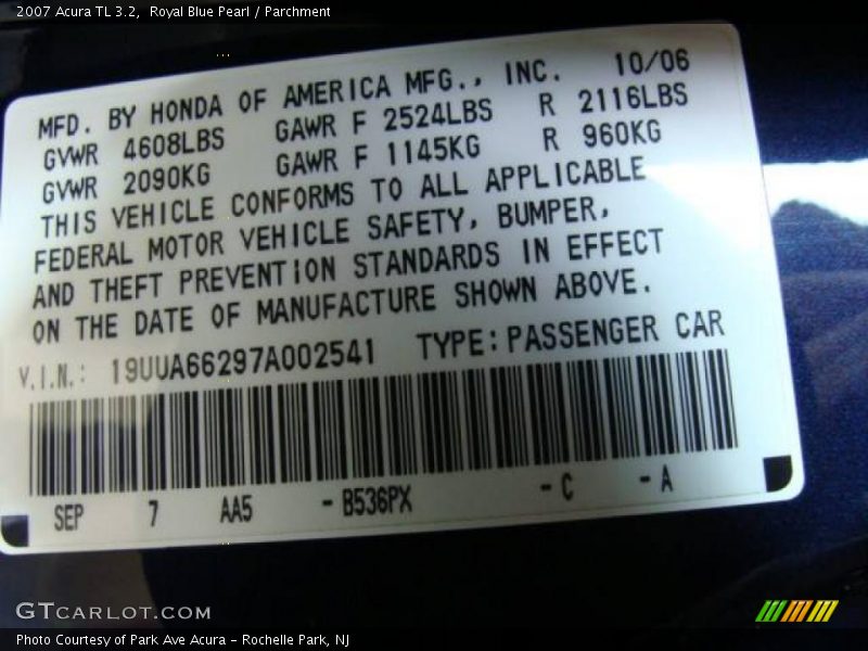 Royal Blue Pearl / Parchment 2007 Acura TL 3.2
