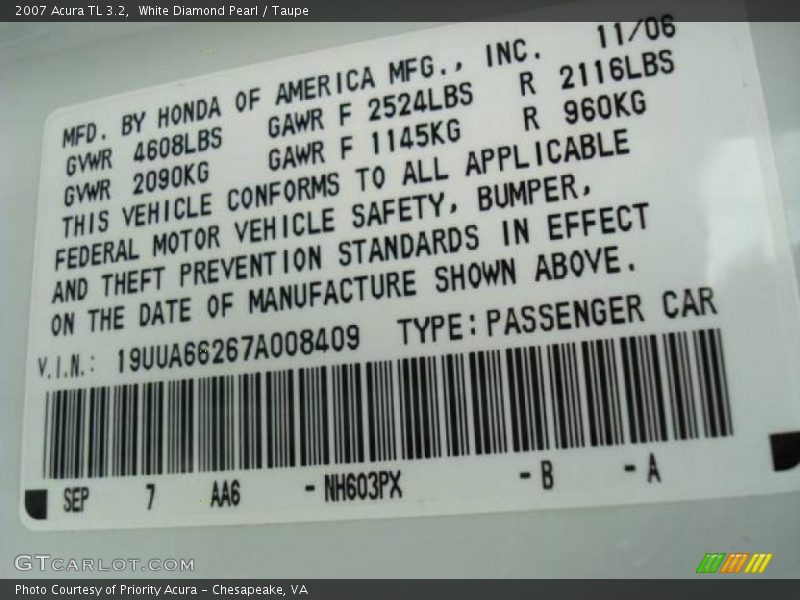 White Diamond Pearl / Taupe 2007 Acura TL 3.2