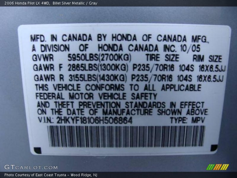 Billet Silver Metallic / Gray 2006 Honda Pilot LX 4WD