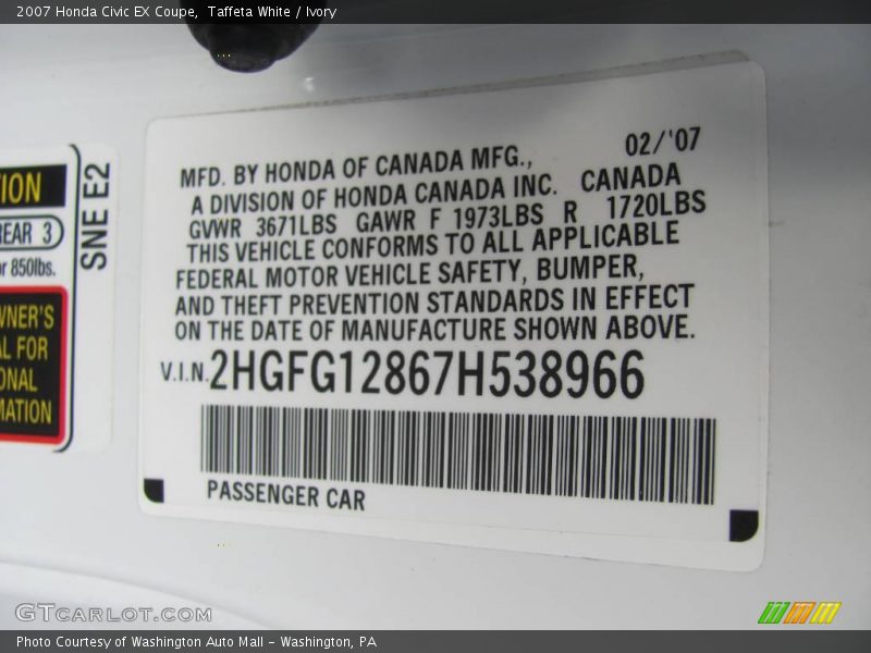 Taffeta White / Ivory 2007 Honda Civic EX Coupe