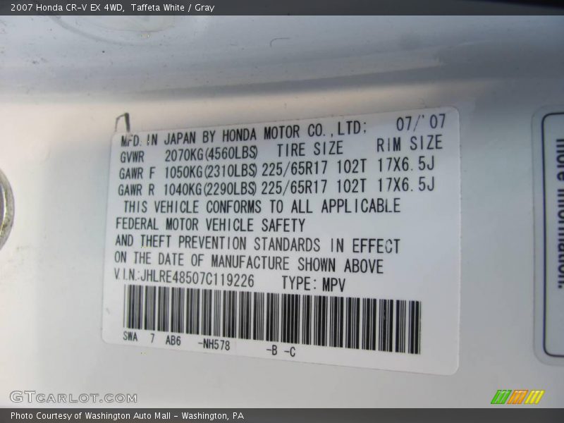 Taffeta White / Gray 2007 Honda CR-V EX 4WD