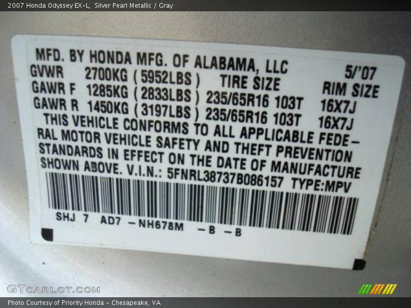 Silver Pearl Metallic / Gray 2007 Honda Odyssey EX-L
