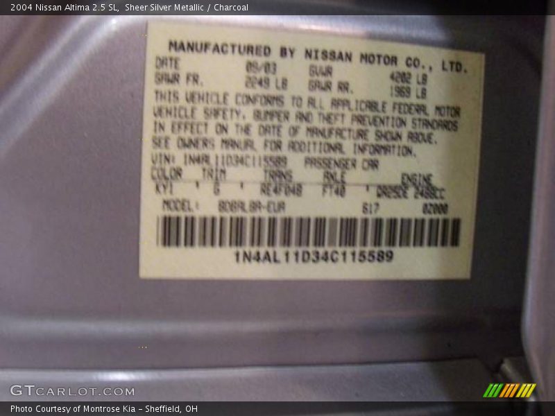 Sheer Silver Metallic / Charcoal 2004 Nissan Altima 2.5 SL