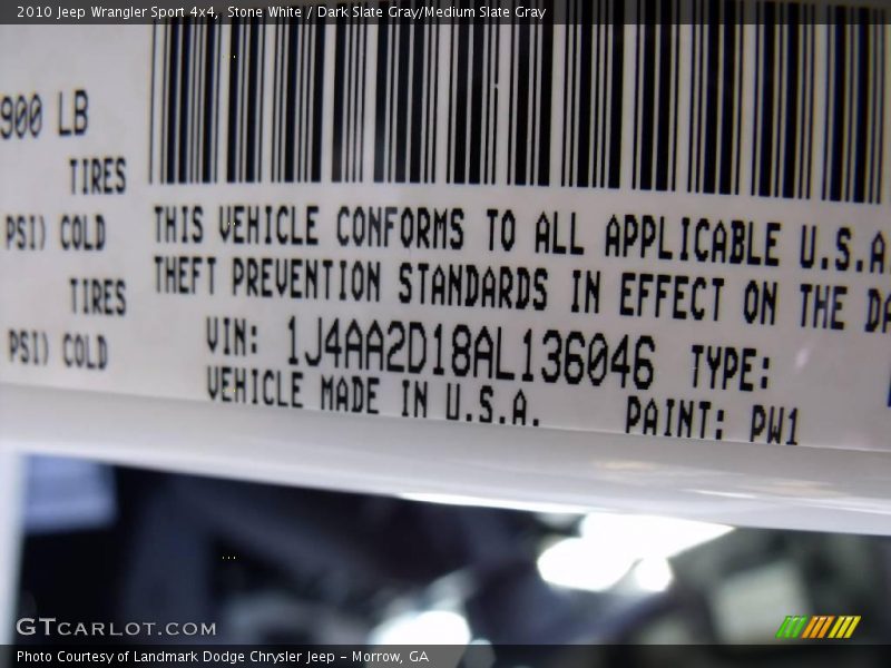 Stone White / Dark Slate Gray/Medium Slate Gray 2010 Jeep Wrangler Sport 4x4