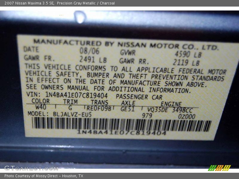 Precision Gray Metallic / Charcoal 2007 Nissan Maxima 3.5 SE