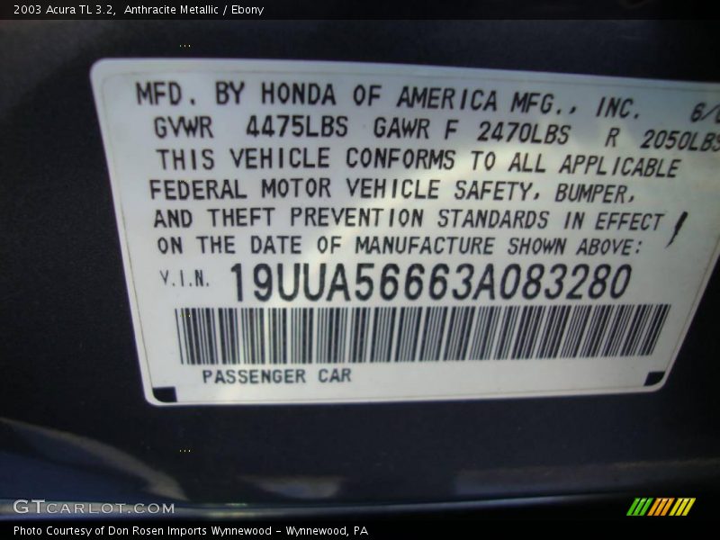 Anthracite Metallic / Ebony 2003 Acura TL 3.2