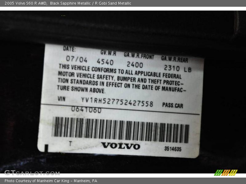 Black Sapphire Metallic / R Gobi Sand Metallic 2005 Volvo S60 R AWD