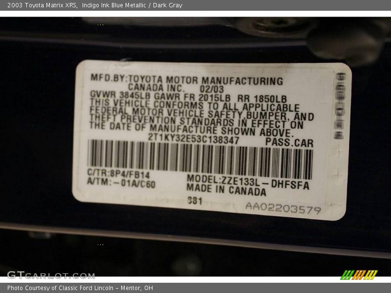 Indigo Ink Blue Metallic / Dark Gray 2003 Toyota Matrix XRS