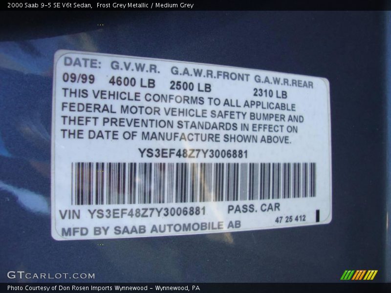 Frost Grey Metallic / Medium Grey 2000 Saab 9-5 SE V6t Sedan