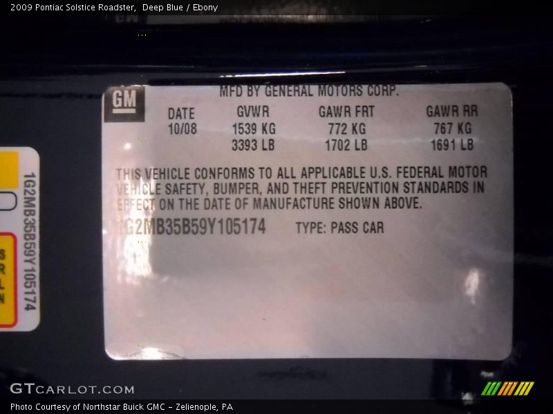 Deep Blue / Ebony 2009 Pontiac Solstice Roadster