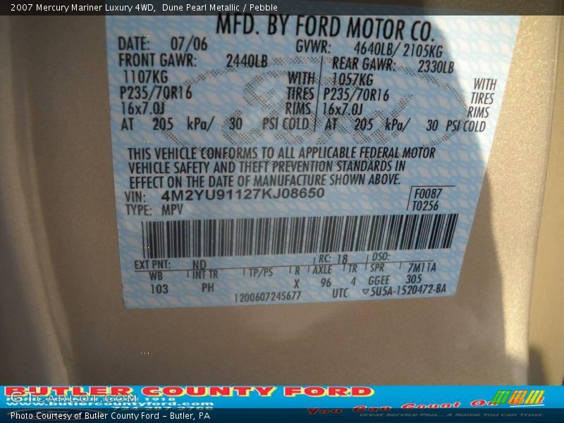 Dune Pearl Metallic / Pebble 2007 Mercury Mariner Luxury 4WD