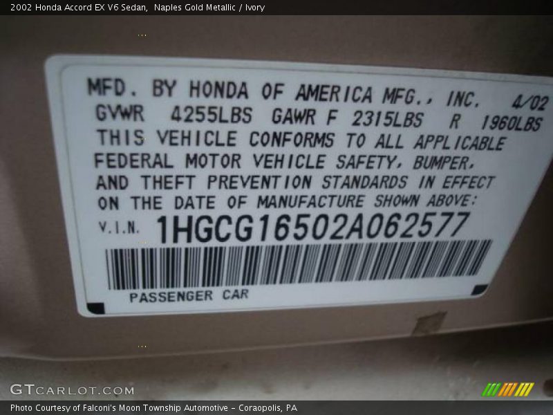 Naples Gold Metallic / Ivory 2002 Honda Accord EX V6 Sedan