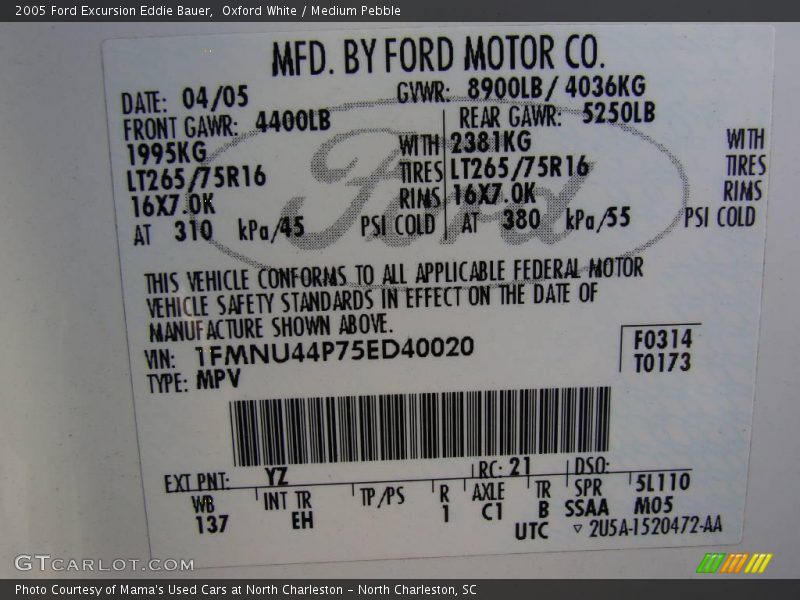 Oxford White / Medium Pebble 2005 Ford Excursion Eddie Bauer