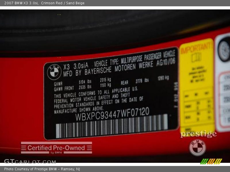 Crimson Red / Sand Beige 2007 BMW X3 3.0si