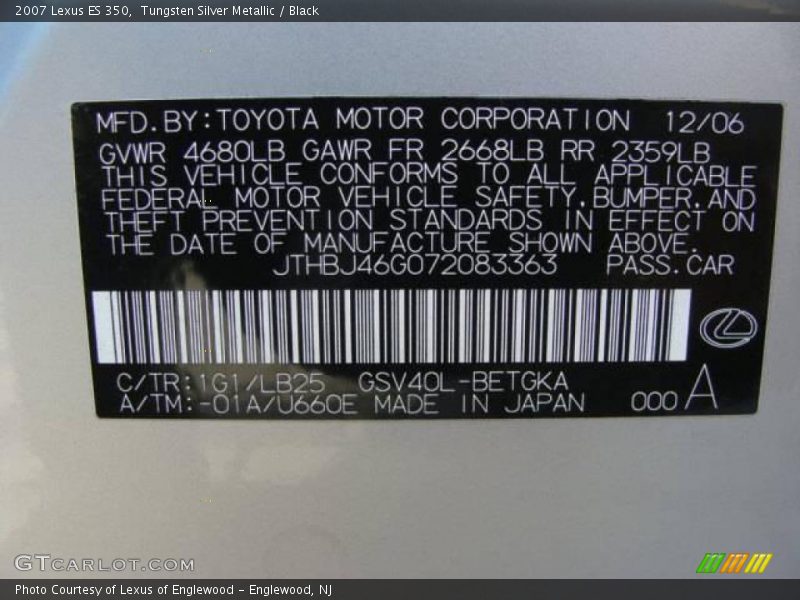 Tungsten Silver Metallic / Black 2007 Lexus ES 350