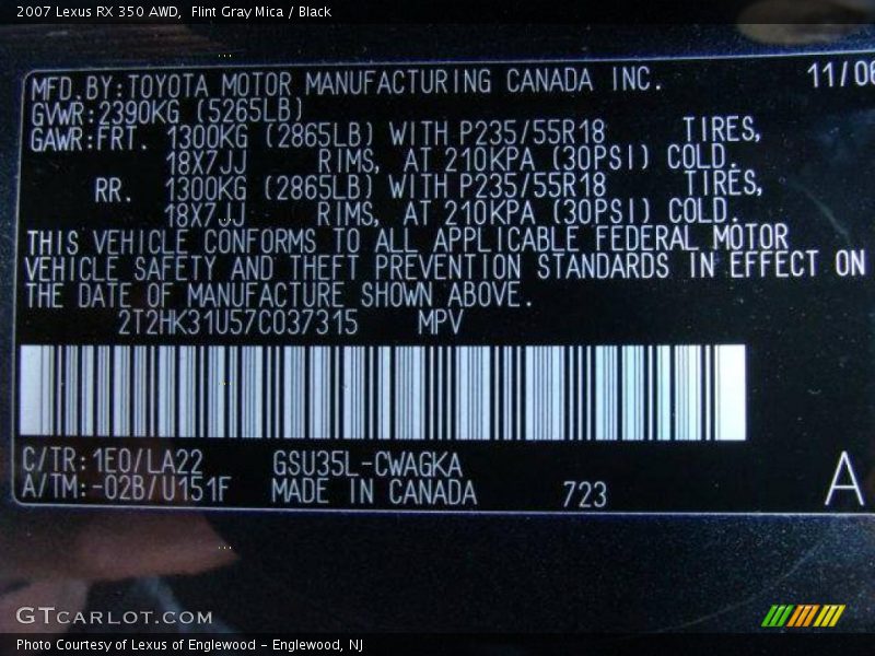 Flint Gray Mica / Black 2007 Lexus RX 350 AWD