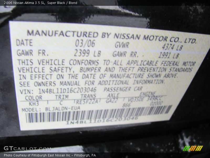 Super Black / Blond 2006 Nissan Altima 3.5 SL