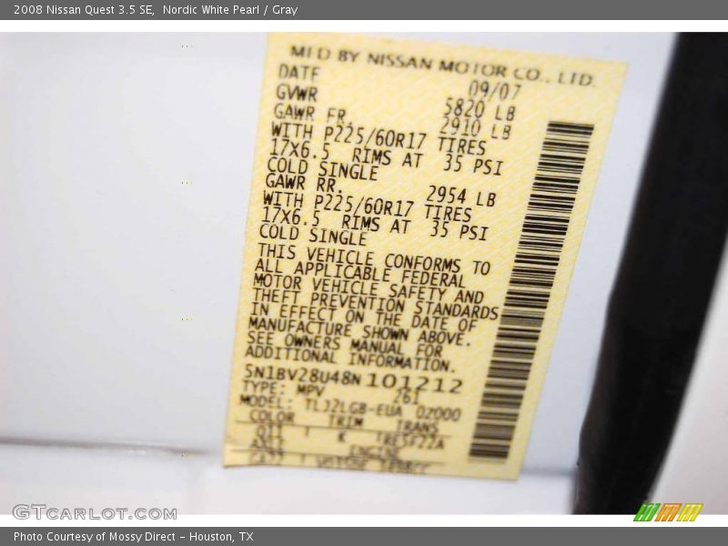 Nordic White Pearl / Gray 2008 Nissan Quest 3.5 SE