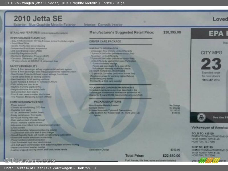 Blue Graphite Metallic / Cornsilk Beige 2010 Volkswagen Jetta SE Sedan