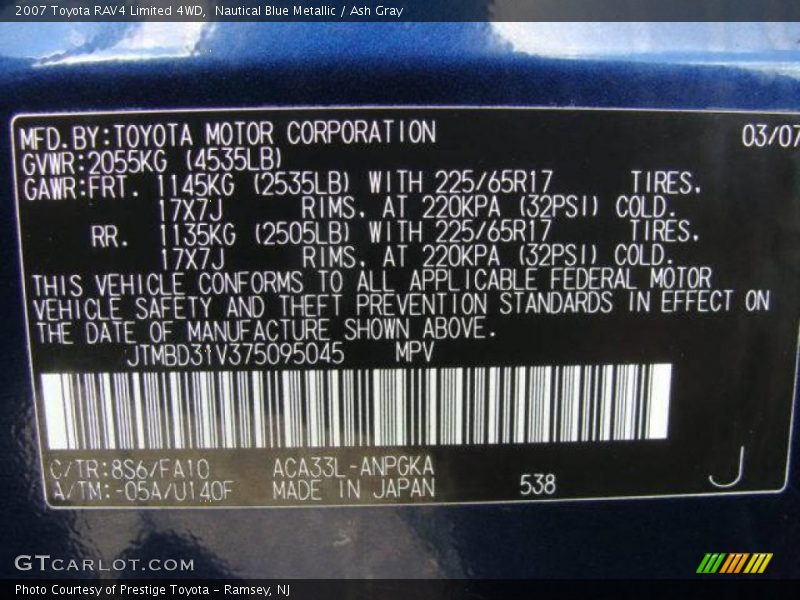 Nautical Blue Metallic / Ash Gray 2007 Toyota RAV4 Limited 4WD