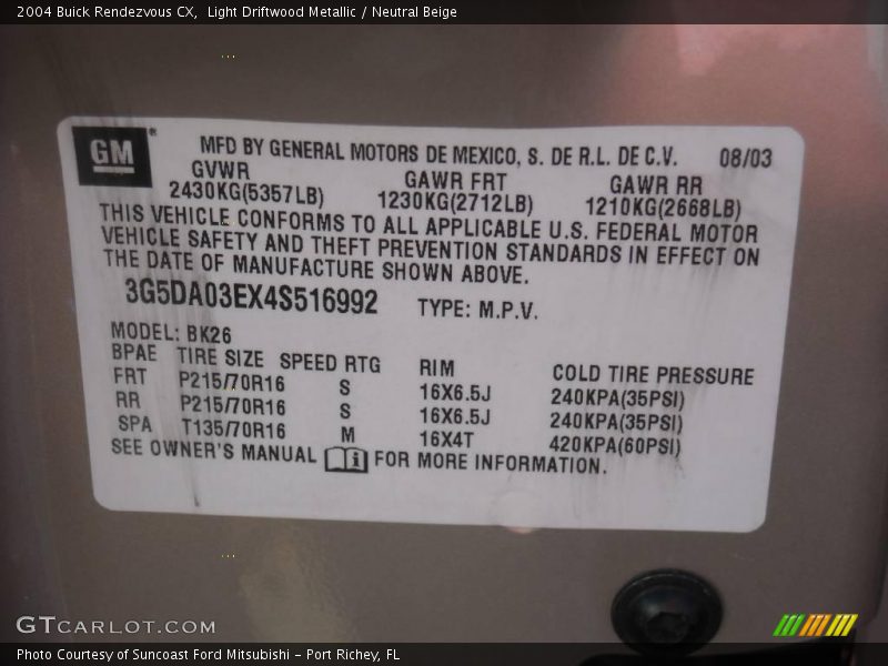 Light Driftwood Metallic / Neutral Beige 2004 Buick Rendezvous CX