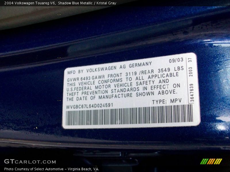 Shadow Blue Metallic / Kristal Gray 2004 Volkswagen Touareg V6