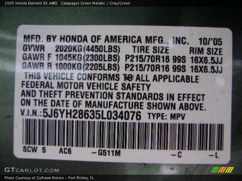 Galapagos Green Metallic / Gray/Green 2005 Honda Element EX AWD