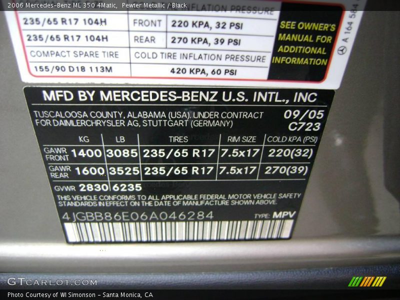 Pewter Metallic / Black 2006 Mercedes-Benz ML 350 4Matic