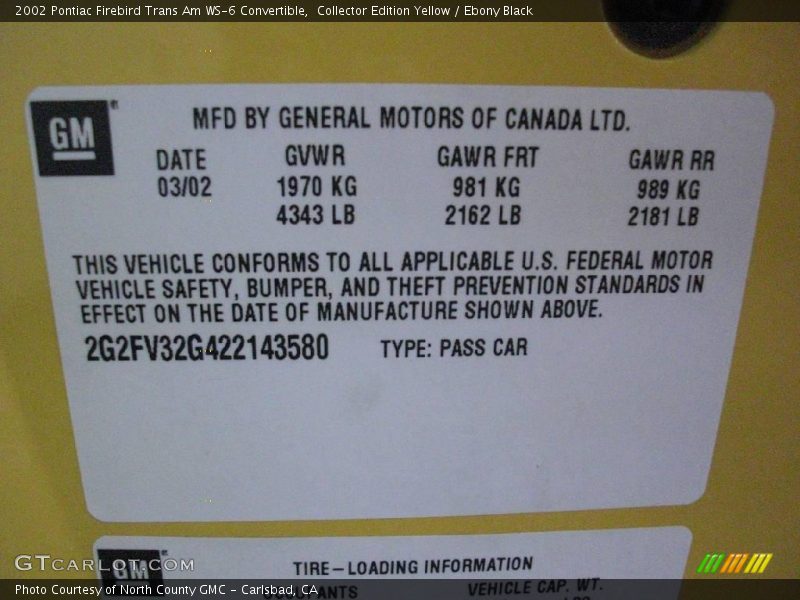 Collector Edition Yellow / Ebony Black 2002 Pontiac Firebird Trans Am WS-6 Convertible
