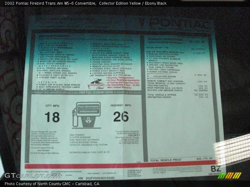 Collector Edition Yellow / Ebony Black 2002 Pontiac Firebird Trans Am WS-6 Convertible