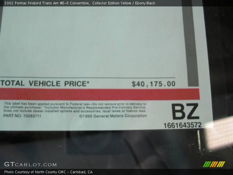 Collector Edition Yellow / Ebony Black 2002 Pontiac Firebird Trans Am WS-6 Convertible