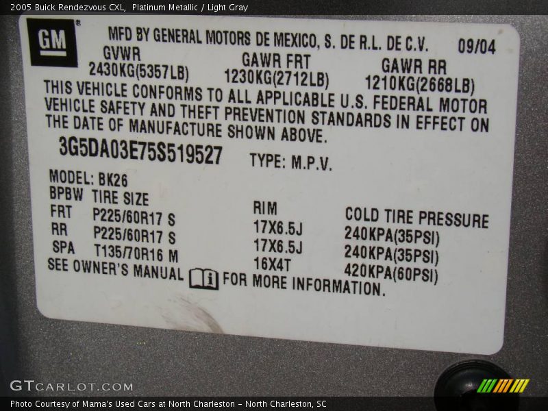 Platinum Metallic / Light Gray 2005 Buick Rendezvous CXL
