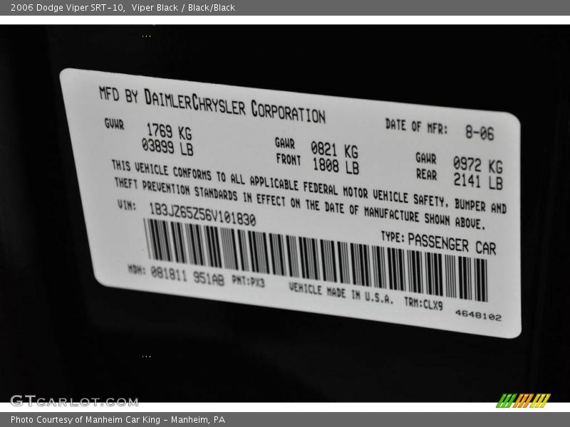Viper Black / Black/Black 2006 Dodge Viper SRT-10