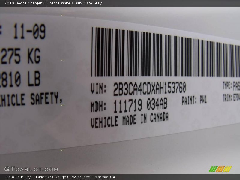 Stone White / Dark Slate Gray 2010 Dodge Charger SE