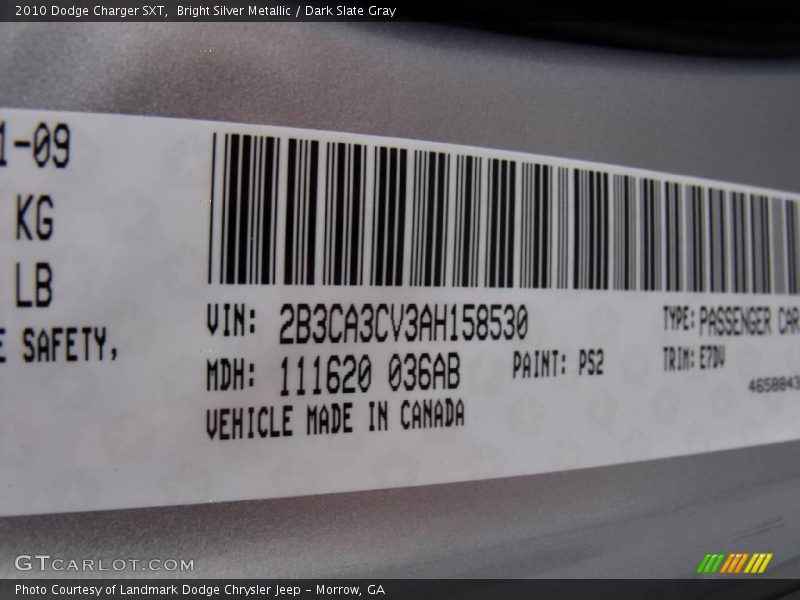 Bright Silver Metallic / Dark Slate Gray 2010 Dodge Charger SXT
