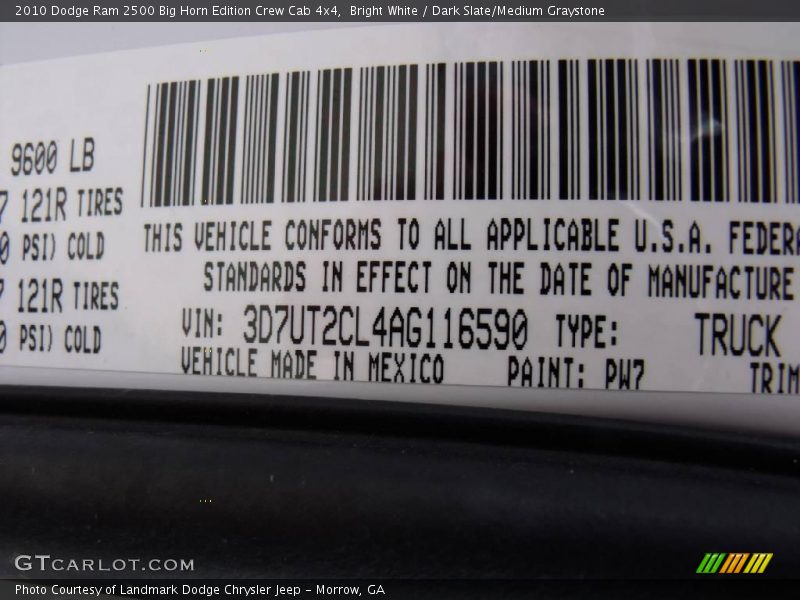 2010 Ram 2500 Big Horn Edition Crew Cab 4x4 Bright White Color Code PW7