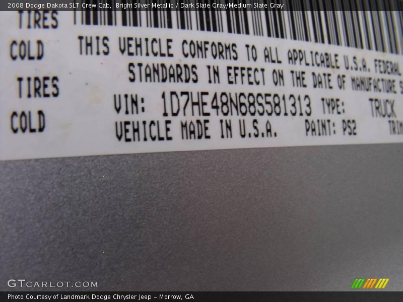Bright Silver Metallic / Dark Slate Gray/Medium Slate Gray 2008 Dodge Dakota SLT Crew Cab