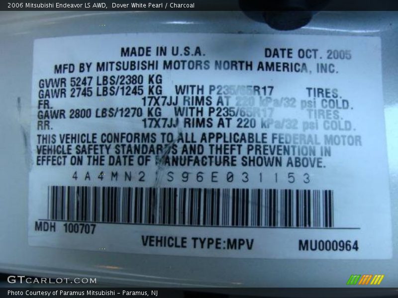 Dover White Pearl / Charcoal 2006 Mitsubishi Endeavor LS AWD