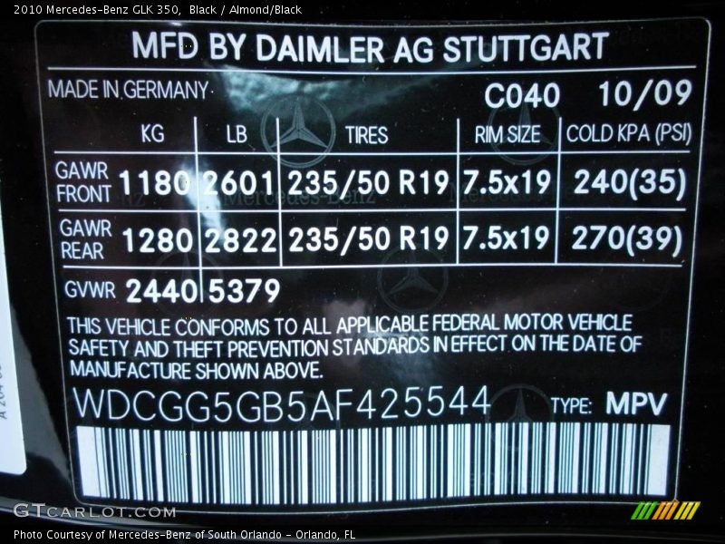 Black / Almond/Black 2010 Mercedes-Benz GLK 350