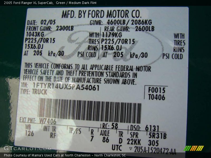 Green / Medium Dark Flint 2005 Ford Ranger XL SuperCab