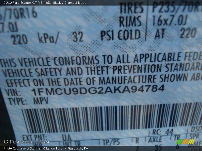 Black / Charcoal Black 2010 Ford Escape XLT V6 4WD