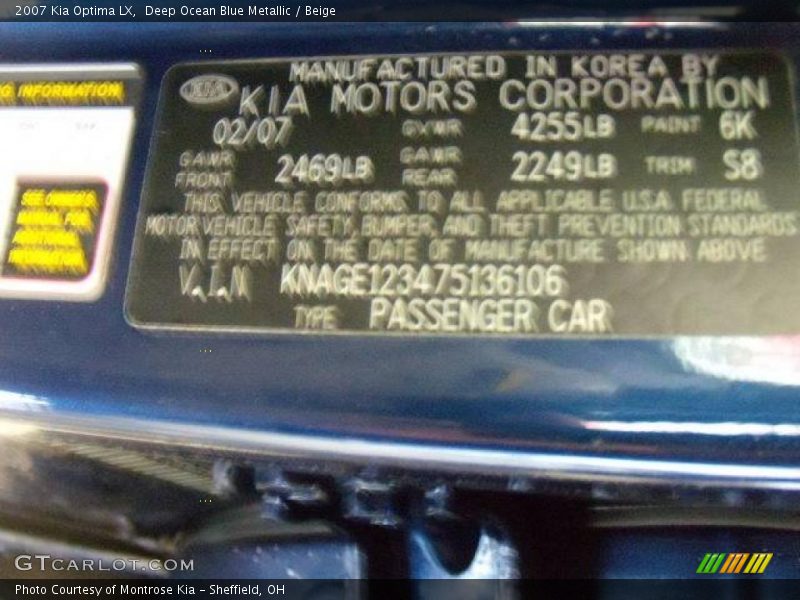 Deep Ocean Blue Metallic / Beige 2007 Kia Optima LX