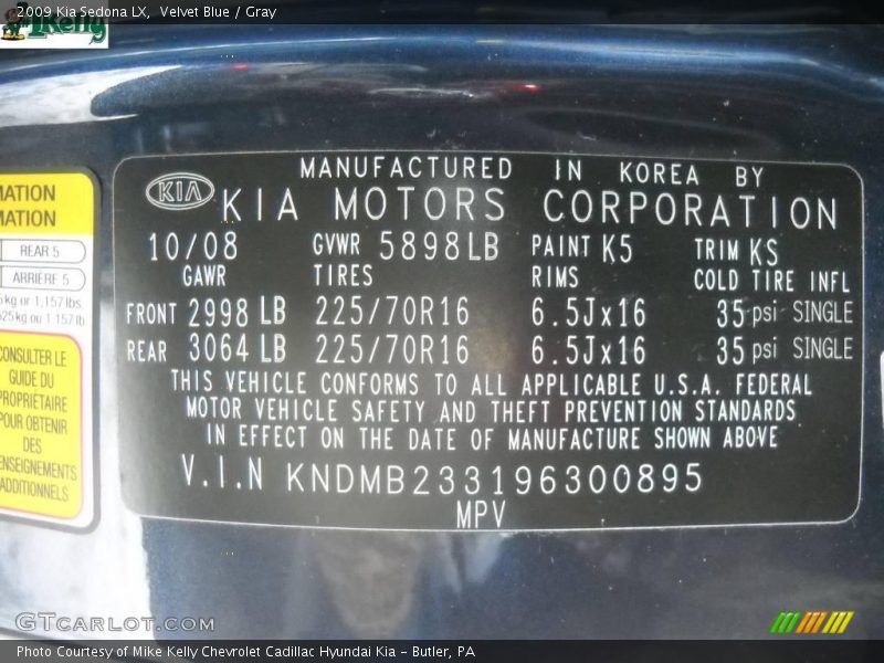 Velvet Blue / Gray 2009 Kia Sedona LX